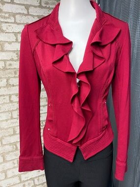 White House Black Market Ruffle Front Jacket in Deep Pink